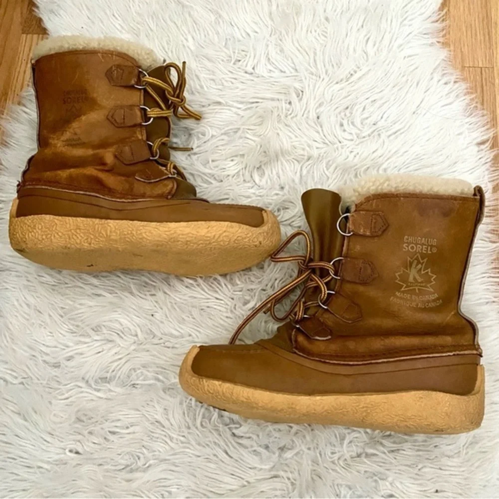 Sorel Kaufman Chugalug Tan Leather Winter Lace Up Boot Size 7 Insulated Vintage